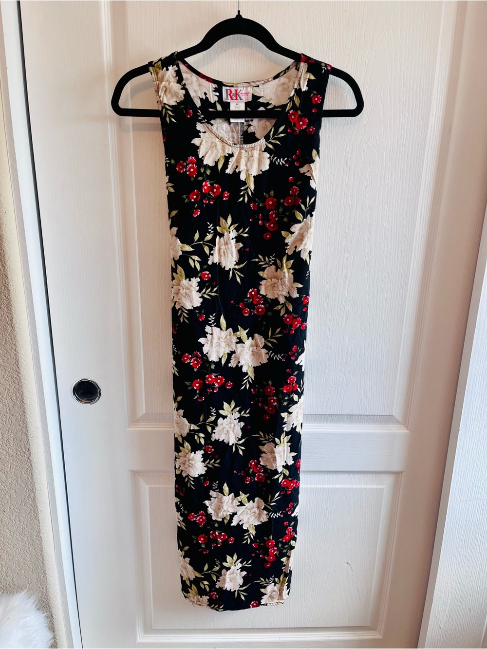 RK Originals Petite 6P Floral Midi Dress – Black, Red & Cream | Vintage 90s